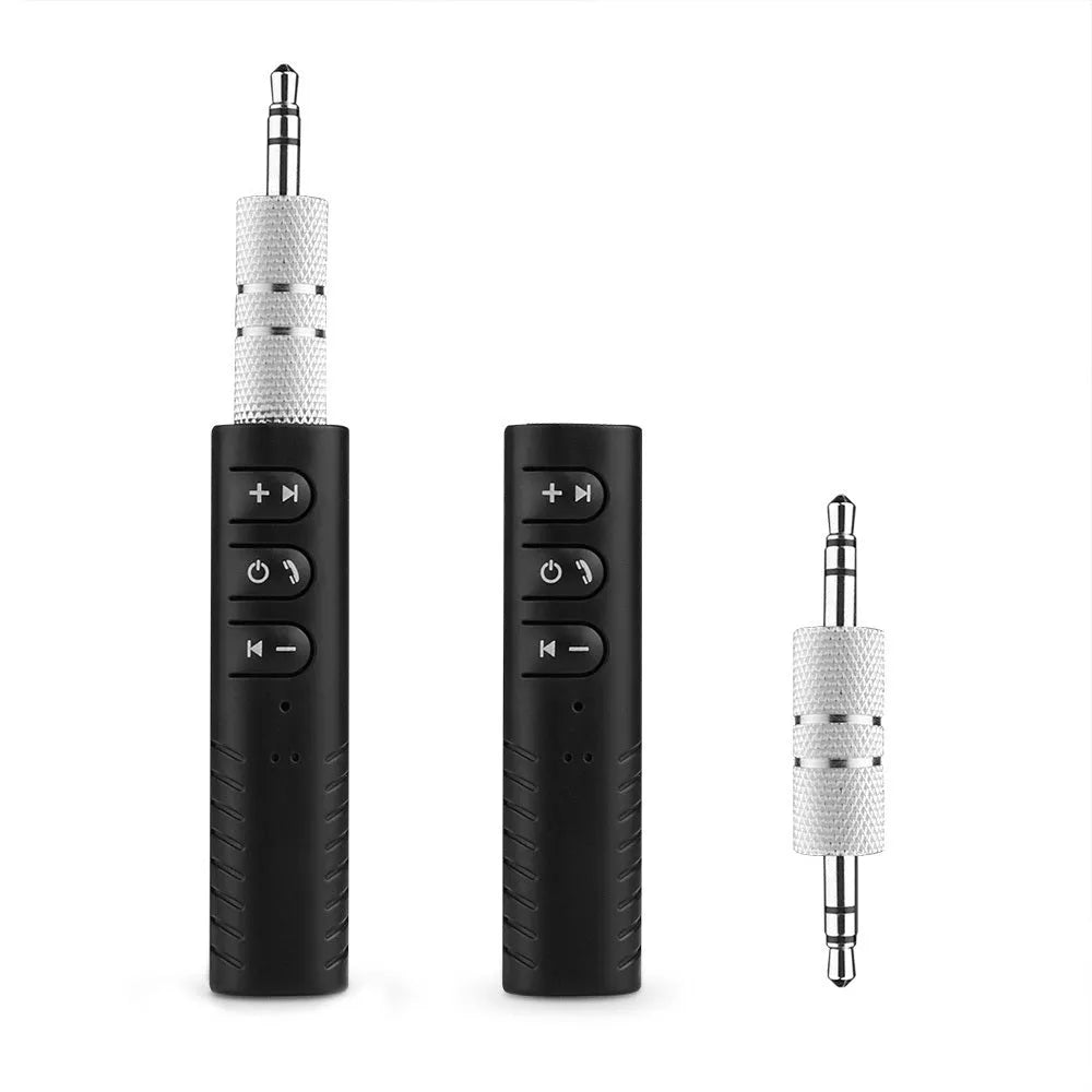 Black Bluetooth car audio adapter with 3.5mm connection for wireless music streaming
