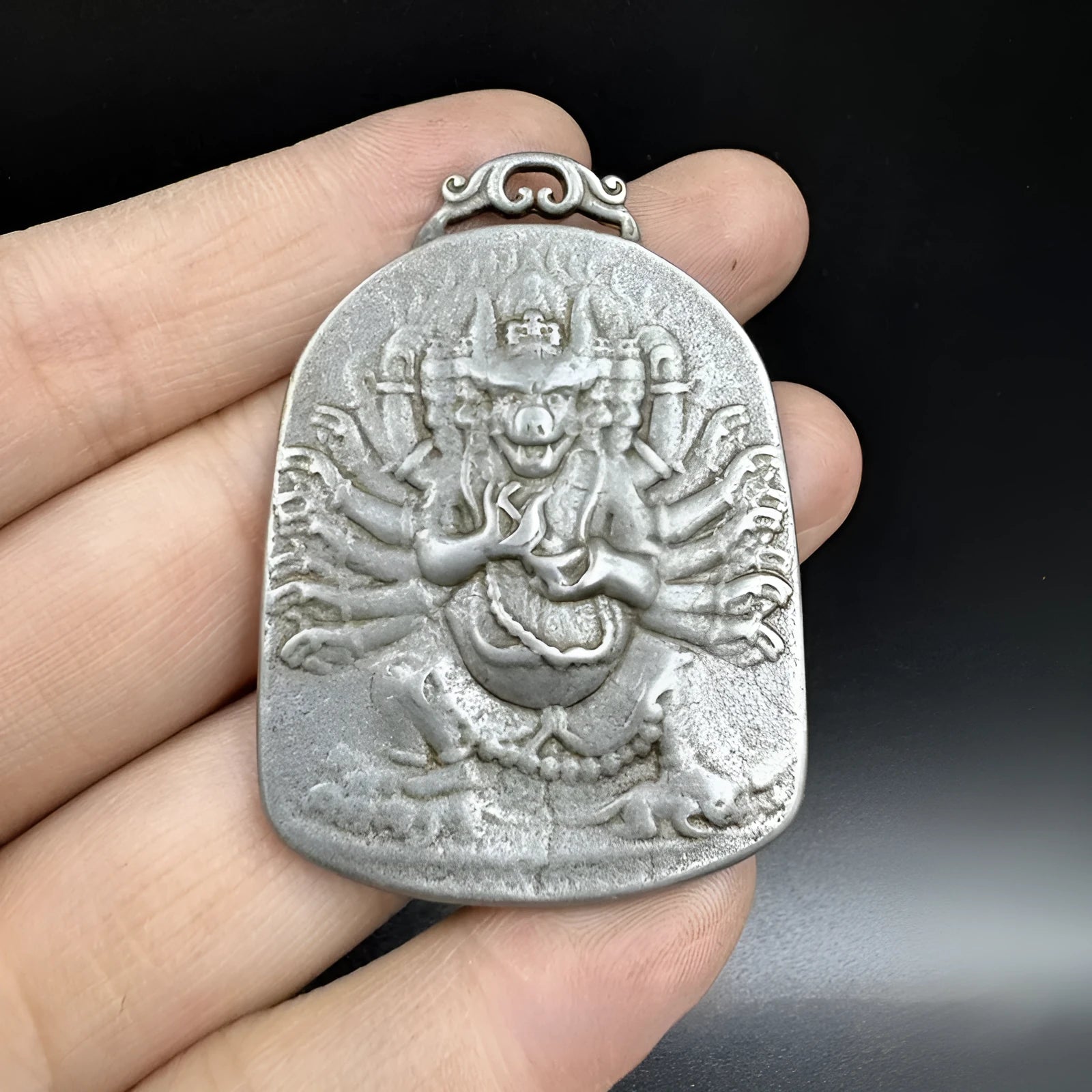Iron metal pendant with Chinese geometric design of Aryaacalanatha Yamantaka