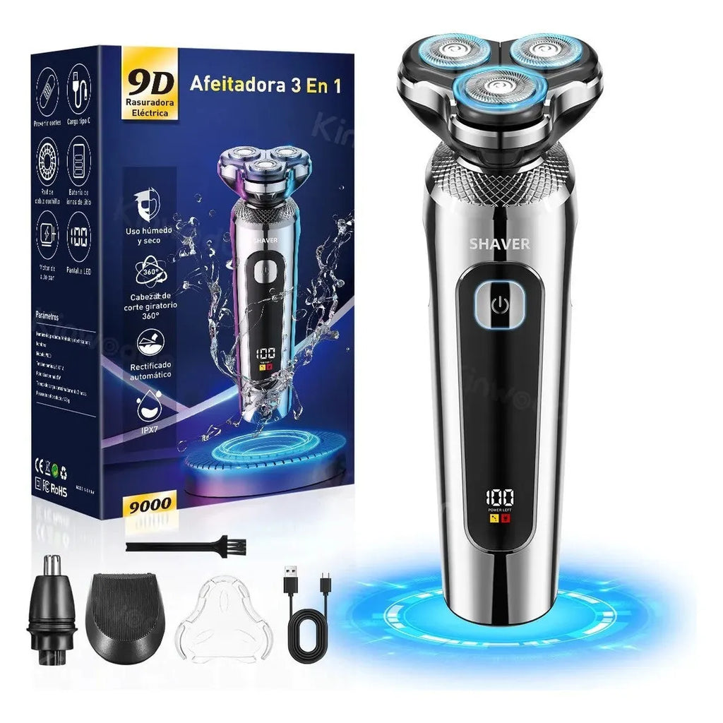Digital USB rechargeable beard trimmer with LED display on a black base.