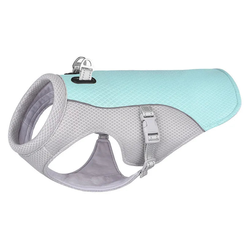 Orange polyester dog cooling vest showing layered construction for summer heat and sun protection.