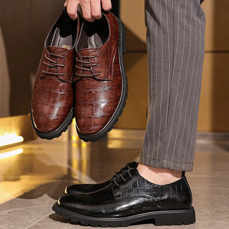 British style men's casual dress shoes round head low top artificial PU non-slip rubber sole black brown