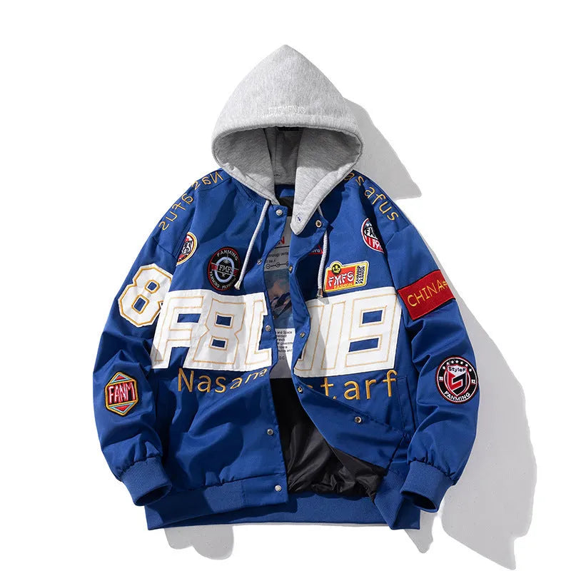 Black loose-fit motorcycle baseball jacket with detachable hood on a hanger