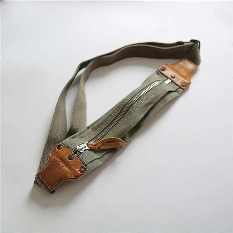 Green retro military style chest bag made from canvas with Italian leather trim