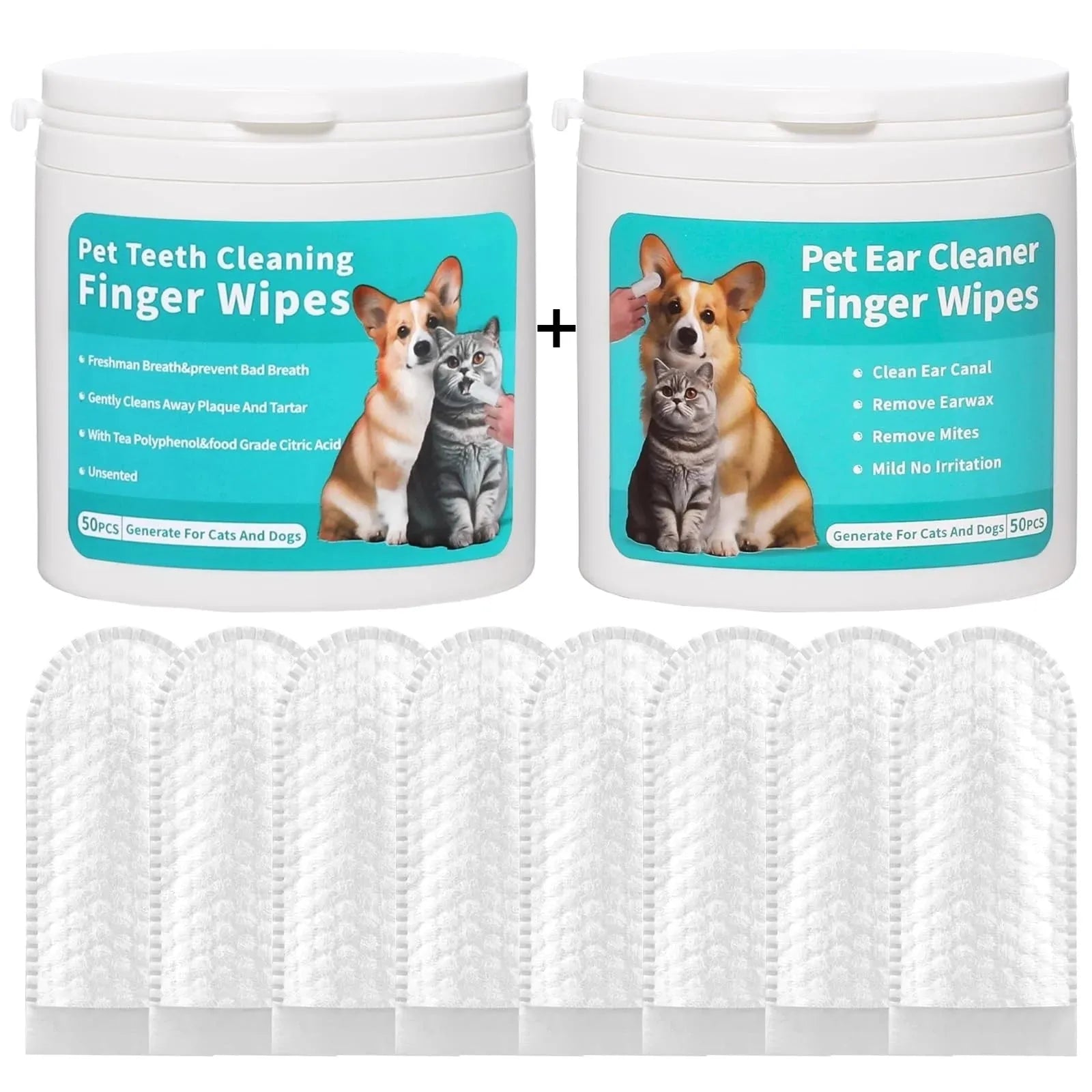 Disposable pet cleaning wipes for cat and dog ear and dental care in 50-piece packs
