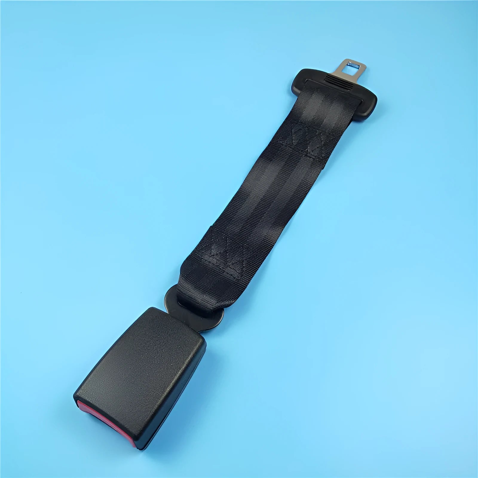 Black 36cm car seat belt extender with buckle for 21mm seat belt inserts.