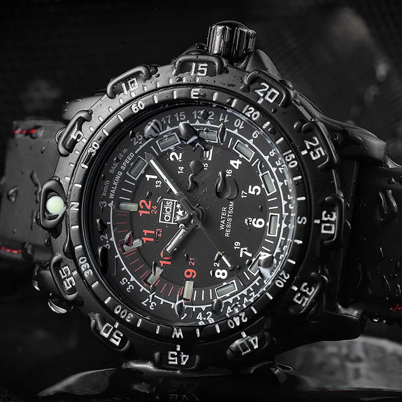 Men military watch with black dial, silicone band, and luminous hands on white background