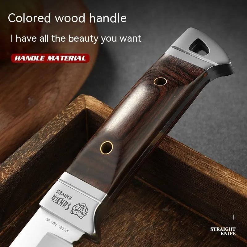 Camping portable fruit knife with stainless steel blade and brown leather sheath case