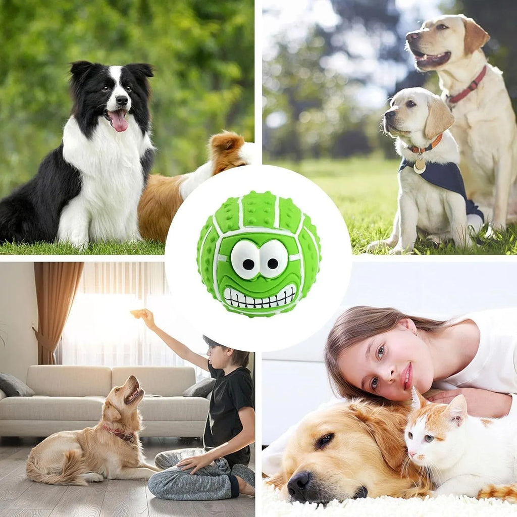 Green latex dog ball with smile face design and squeaker for pet play