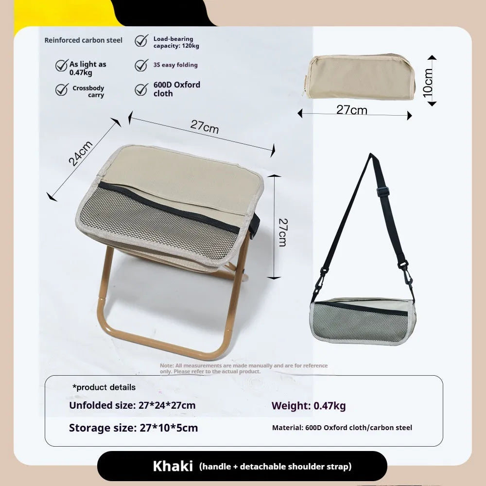 A folded Oxford cloth camp stool in a pencil box design, shown in khaki colour.