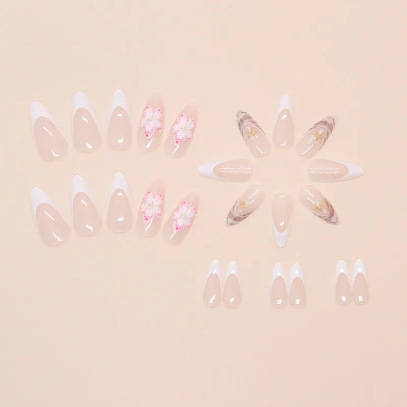 French style press-on false nails with rock pattern floral patches in simple flower design