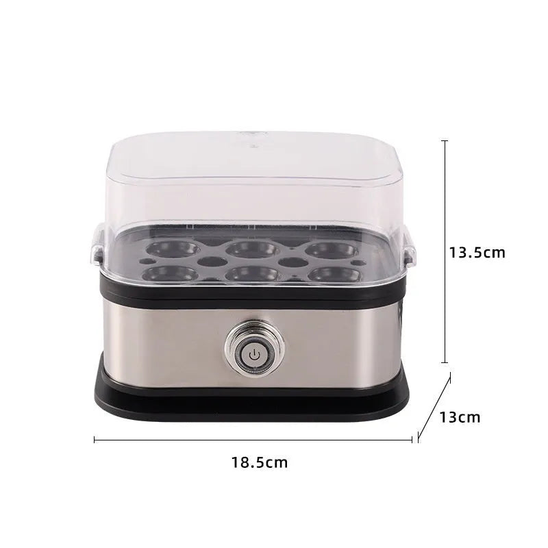 Black portable stainless steel egg boiler with a carrying belt for travel use.