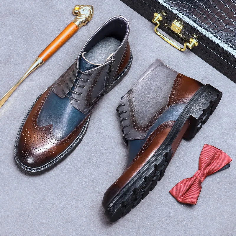 Men's curry blue leather brogue boots with decorative stitching and front lacing.