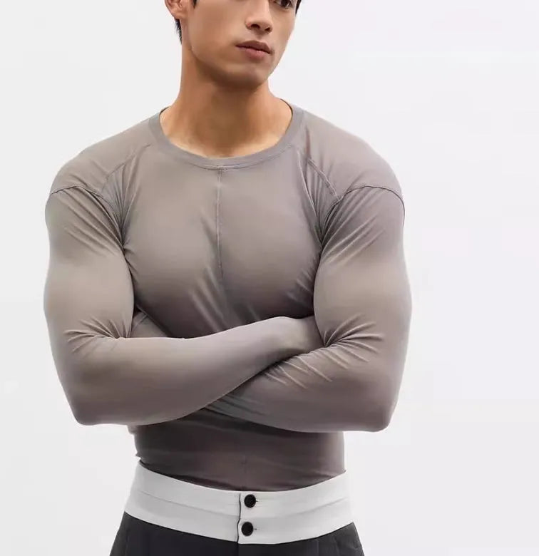 Black slim-fit women's pullover top with a mesh see-through texture and long sleeves.