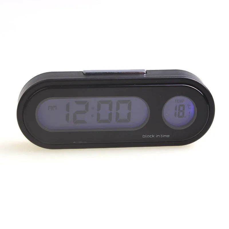 Black electronic car clock and thermometer with LED digital display on an adjustable dashboard bracket.