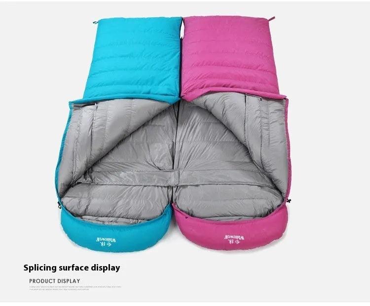 Black outdoor sleeping bag with white goose down filler and envelope structure design