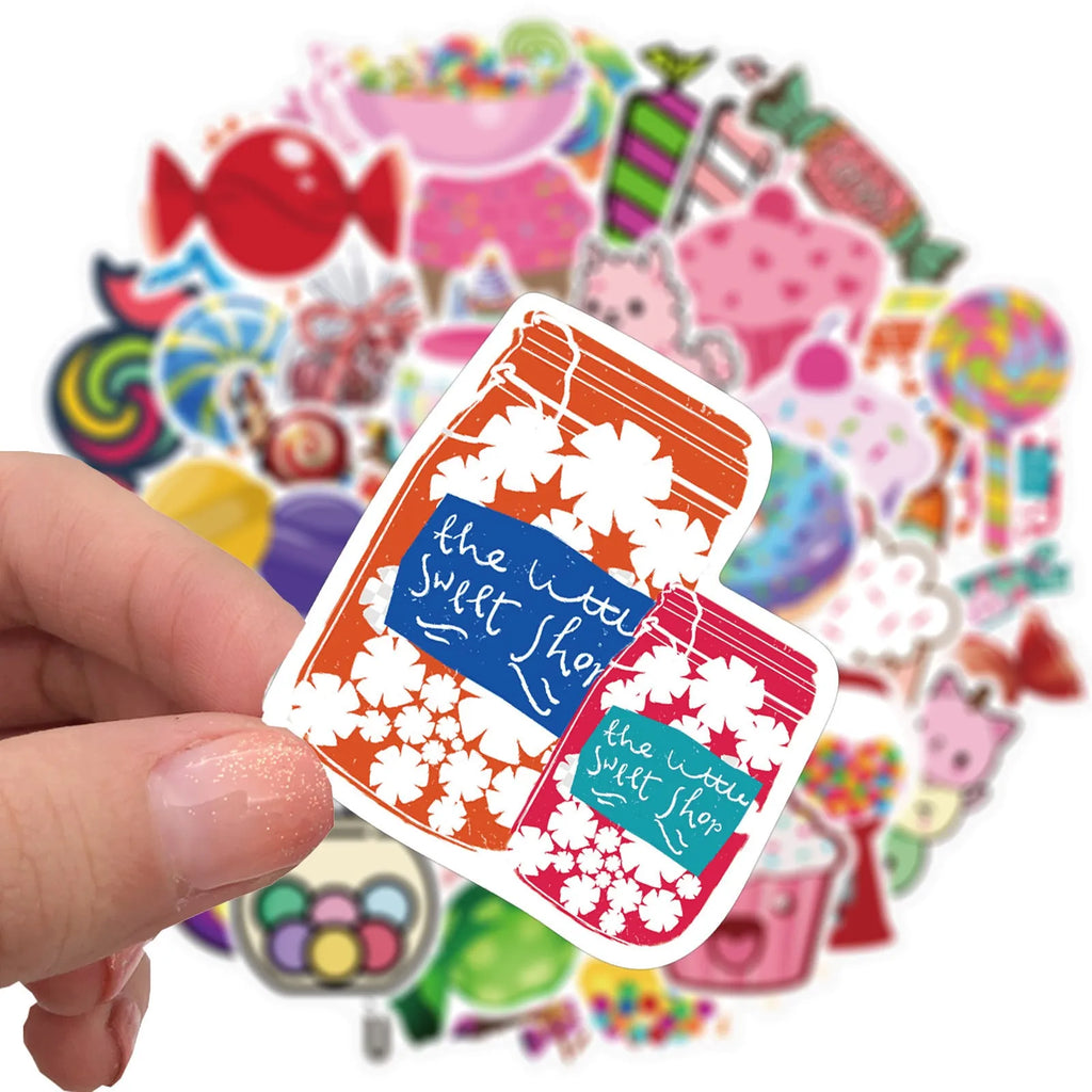 Candy series graffiti colour adhesive stickers pack with cartoon cute designs, 50 sheets each 4-6cm