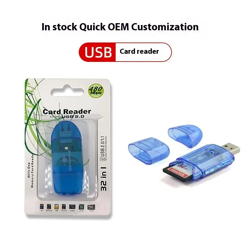 Transparent plastic USB card reader with LED light option on a desk next to memory cards.