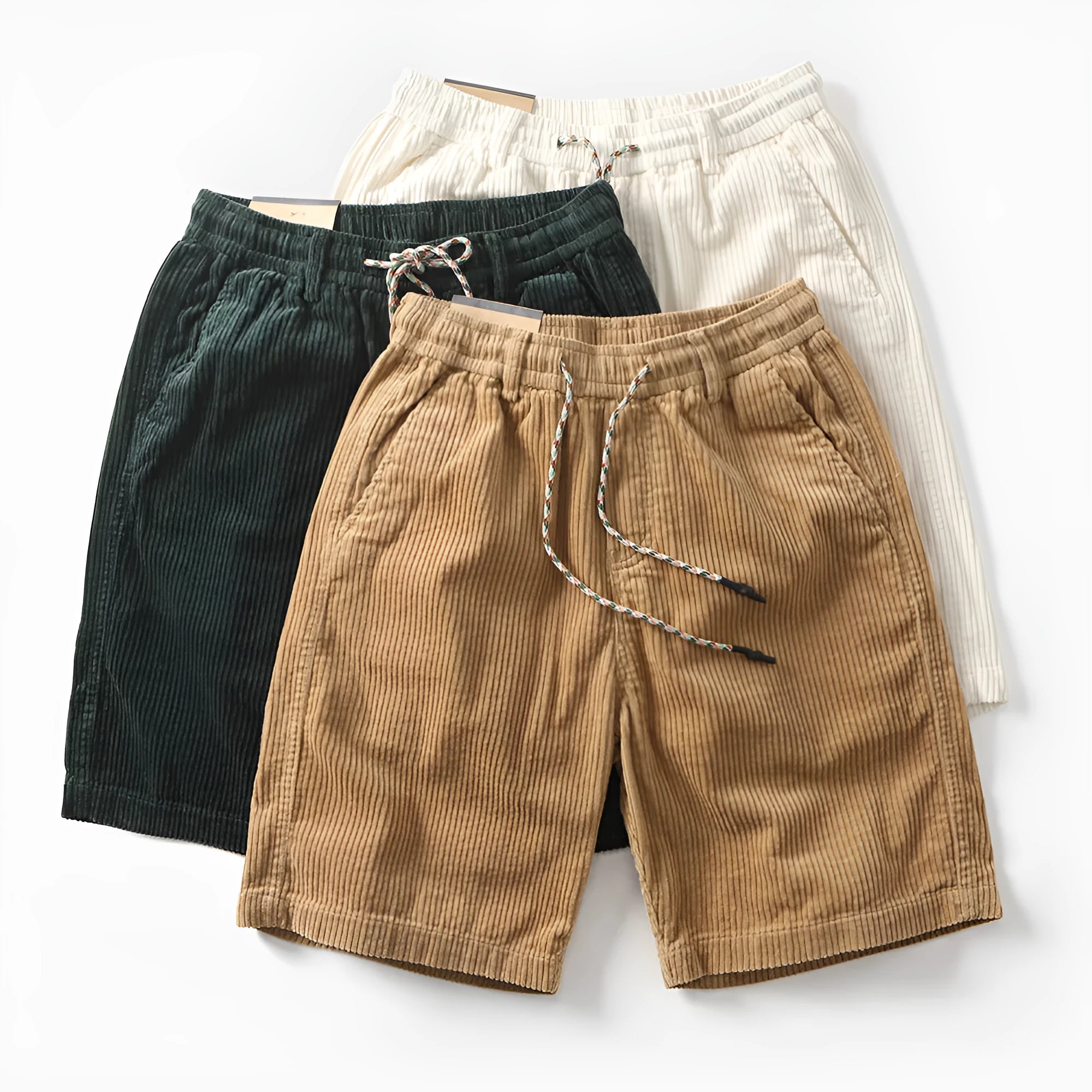 Men's khaki cargo shorts with multiple pockets showing retro American street style and straight-leg fit