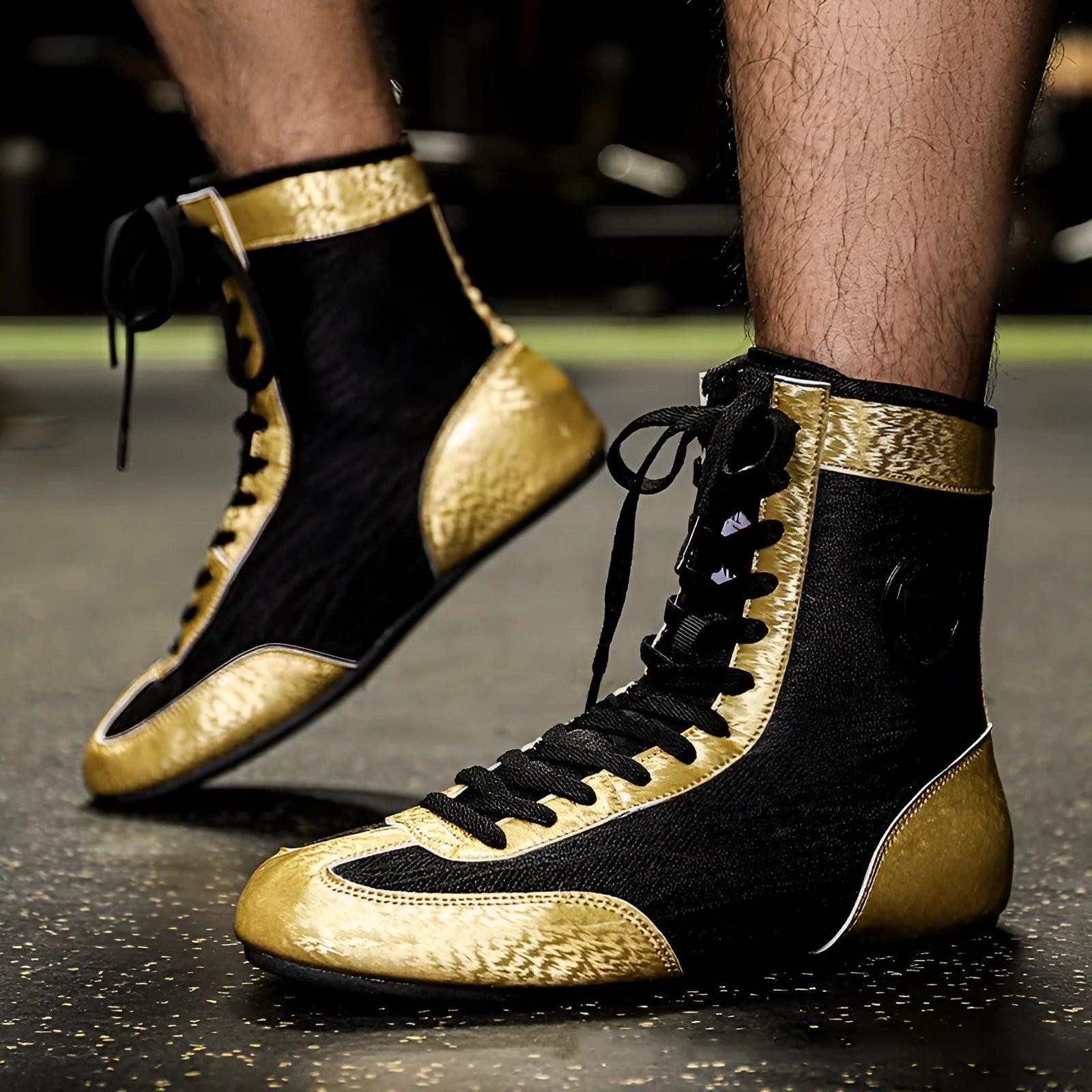 Professional boxing shoes with leather and mesh construction in black gold colour with non-slip soles