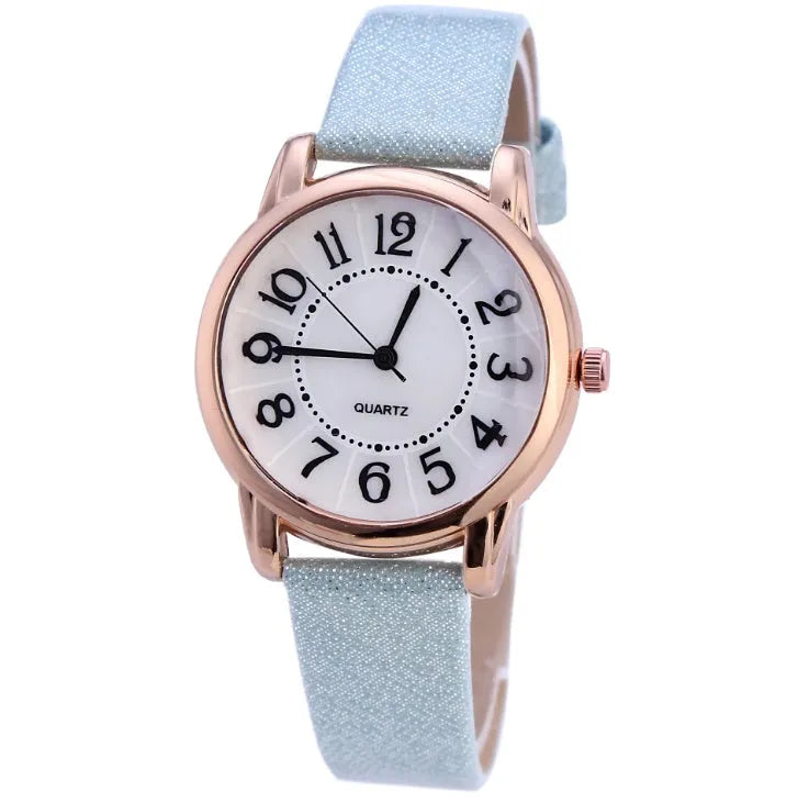Women's simple dial quartz watch with leather strap in 28mm case, available in multiple colours