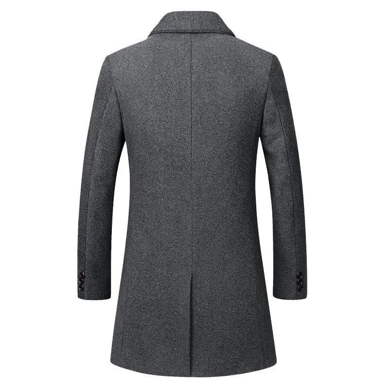 Men's long woolen trench coat in 825 Navy with notched lapel, single-breasted front, long sleeves, size M to 5XL