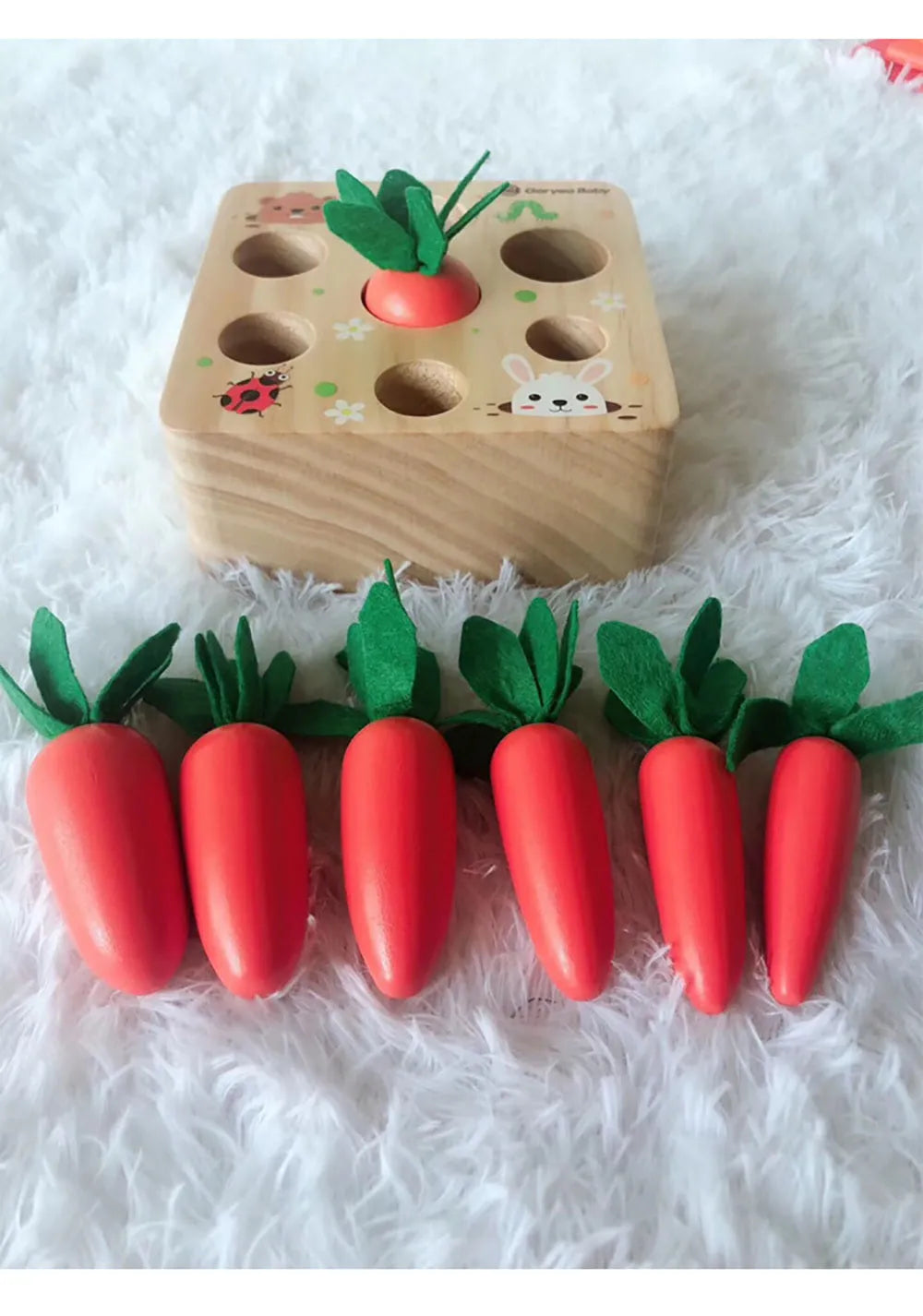 Harvest carrots coloured wooden educational toy for toddlers aged 2-4 years, made from pine wood.