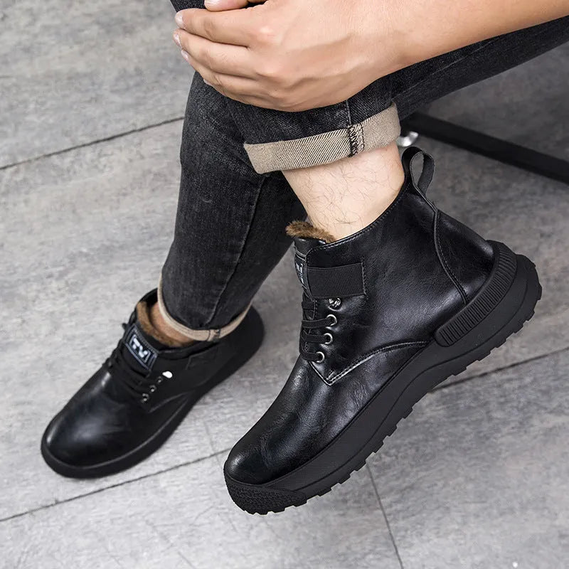 Men's high-top platform Martin Boots with velvet-textured upper and rubber sole in black colour