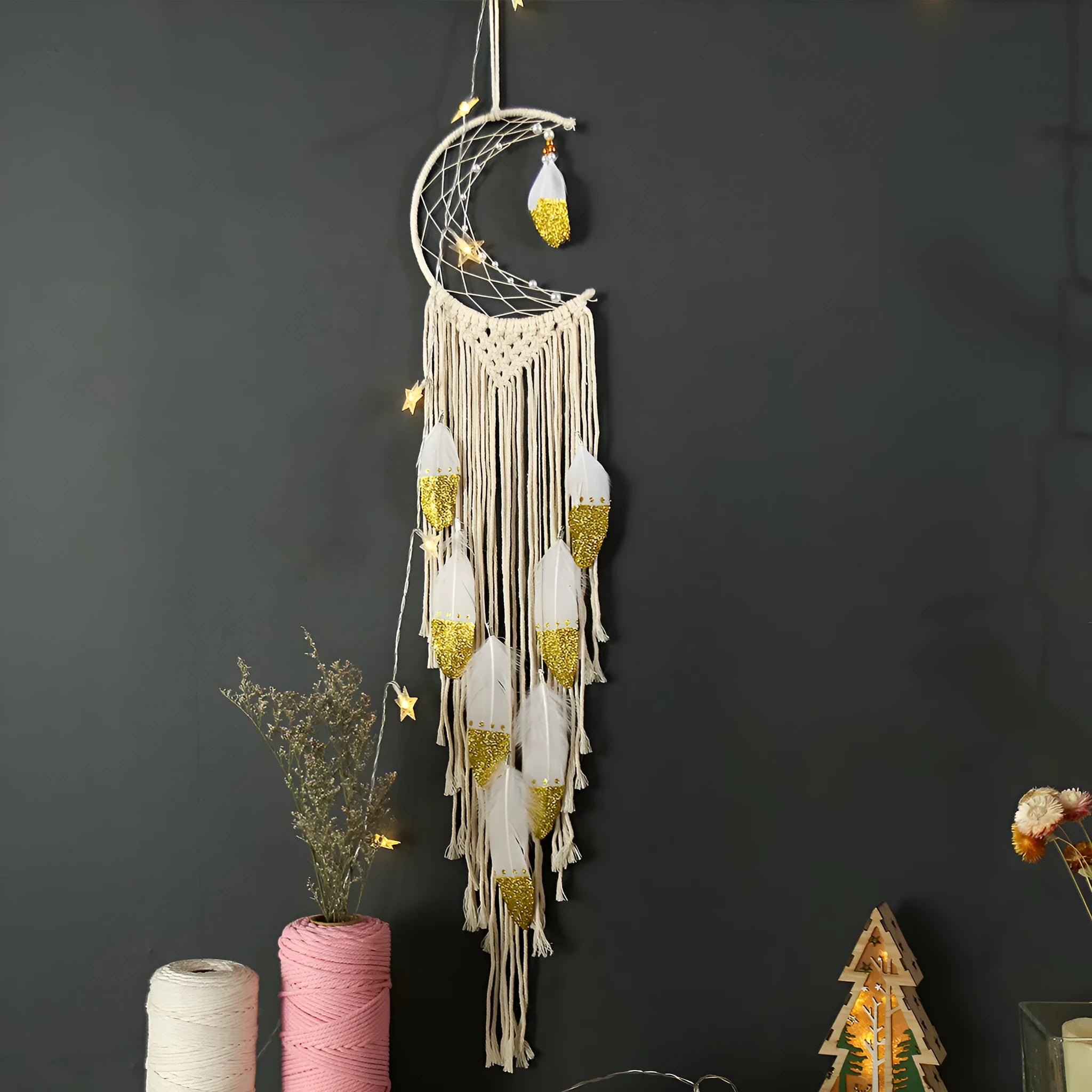 Gold crescent dream catcher wall decoration made of cotton thread, 20x100cm, plain pattern, model MS7566