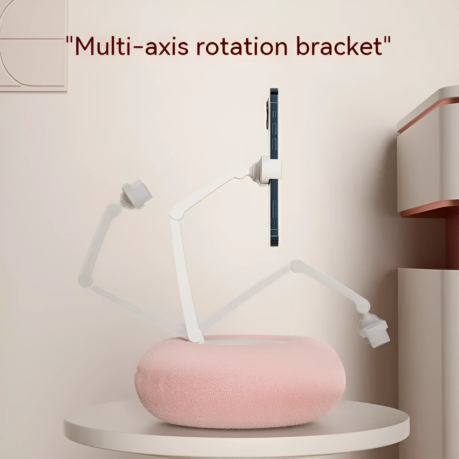 Rotating phone and tablet bracket with adjustable clamp extended vertically on desk