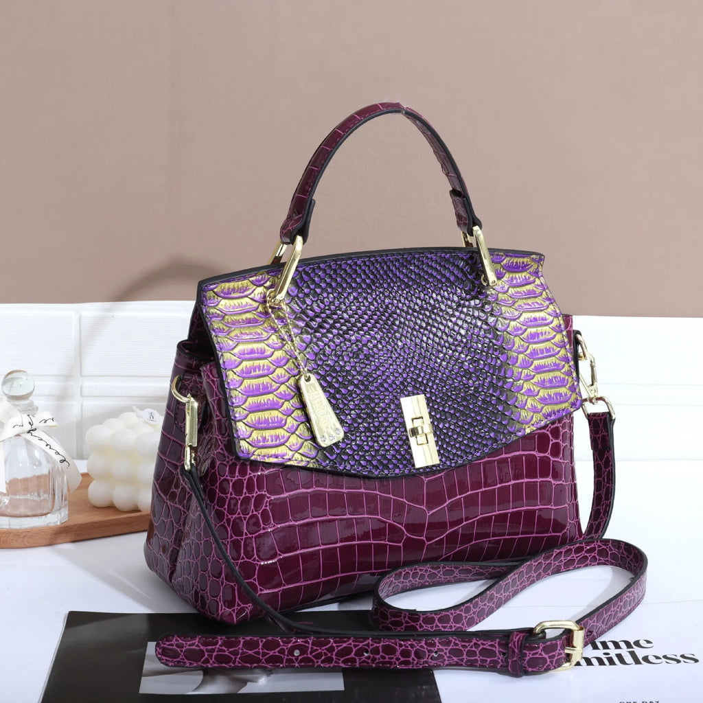 Women's retro handbag with colourful crocodile and snake pattern, double shoulder straps, and horizontal square shape