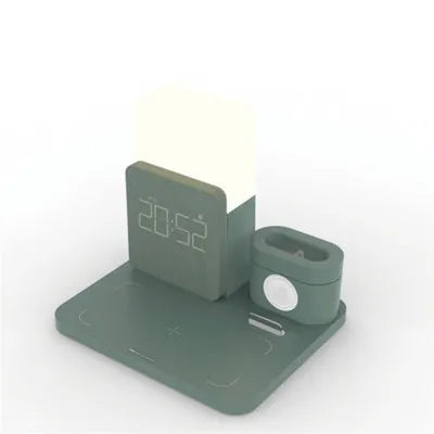 A dark green 3-in-1 Qi wireless charging stand holding a smartphone.