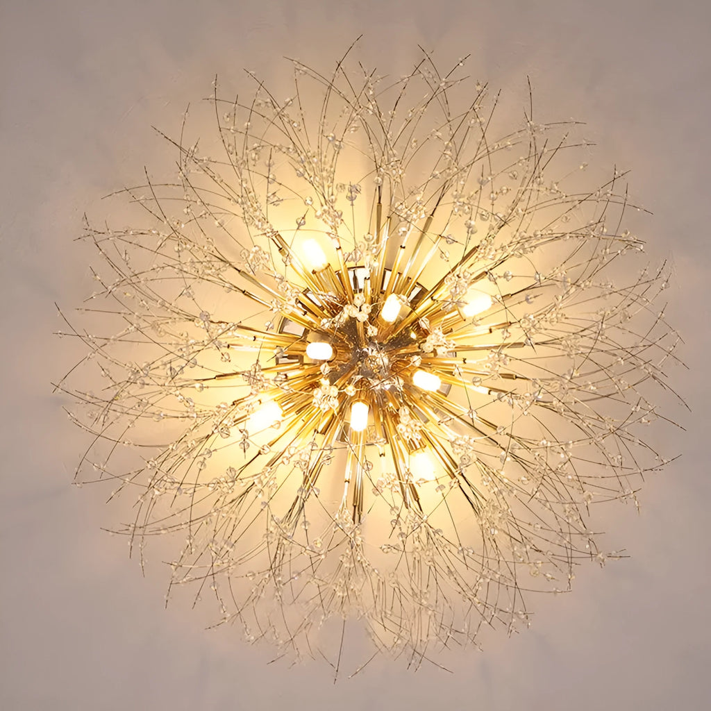Dandelion pattern crystal ceiling lamp with wrought iron frame and chrome finish