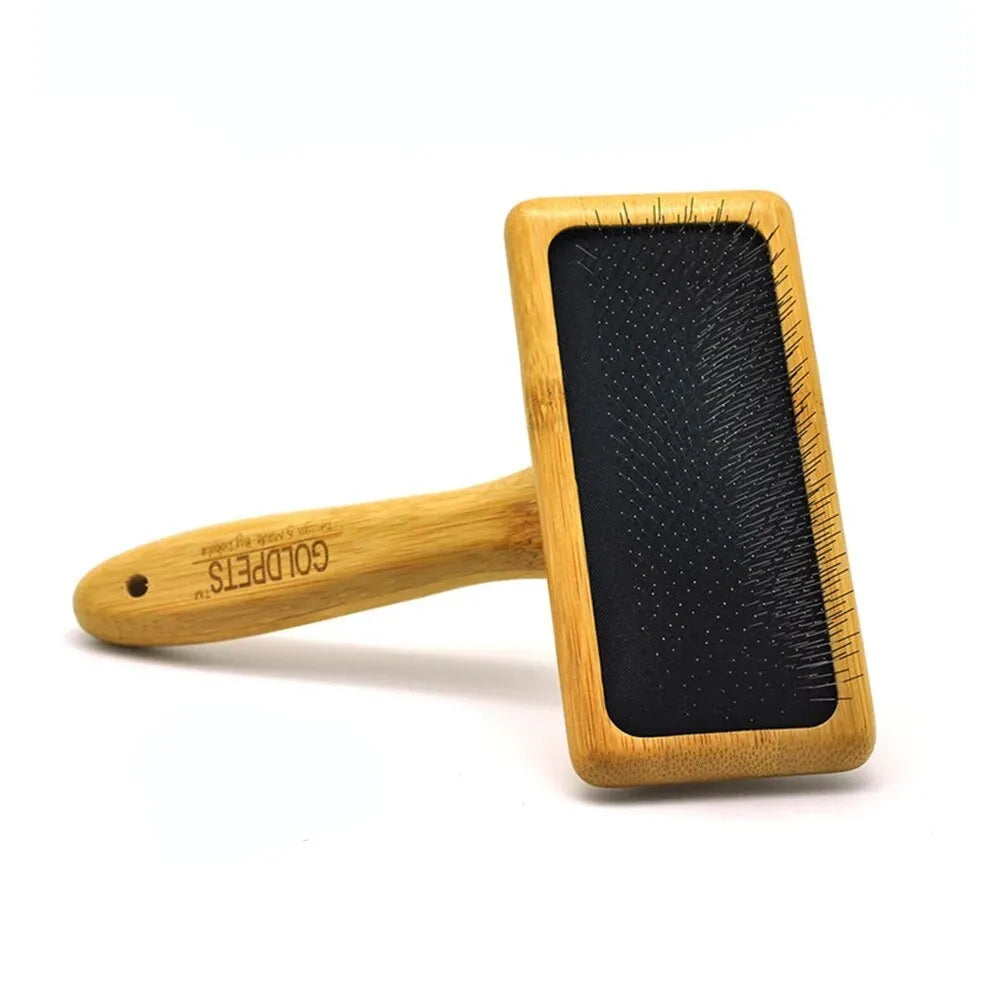 Goldpets bamboo pet grooming slicker brush with stainless steel pins on wooden handle