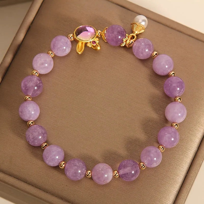 Natural mauve jade crystal rabbit bracelet with purplish red hare head pendant