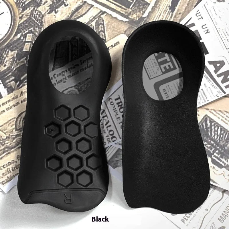 White, black, and skin colour arch support insoles for varus correction, showing TPR material and S/L arch sizes.
