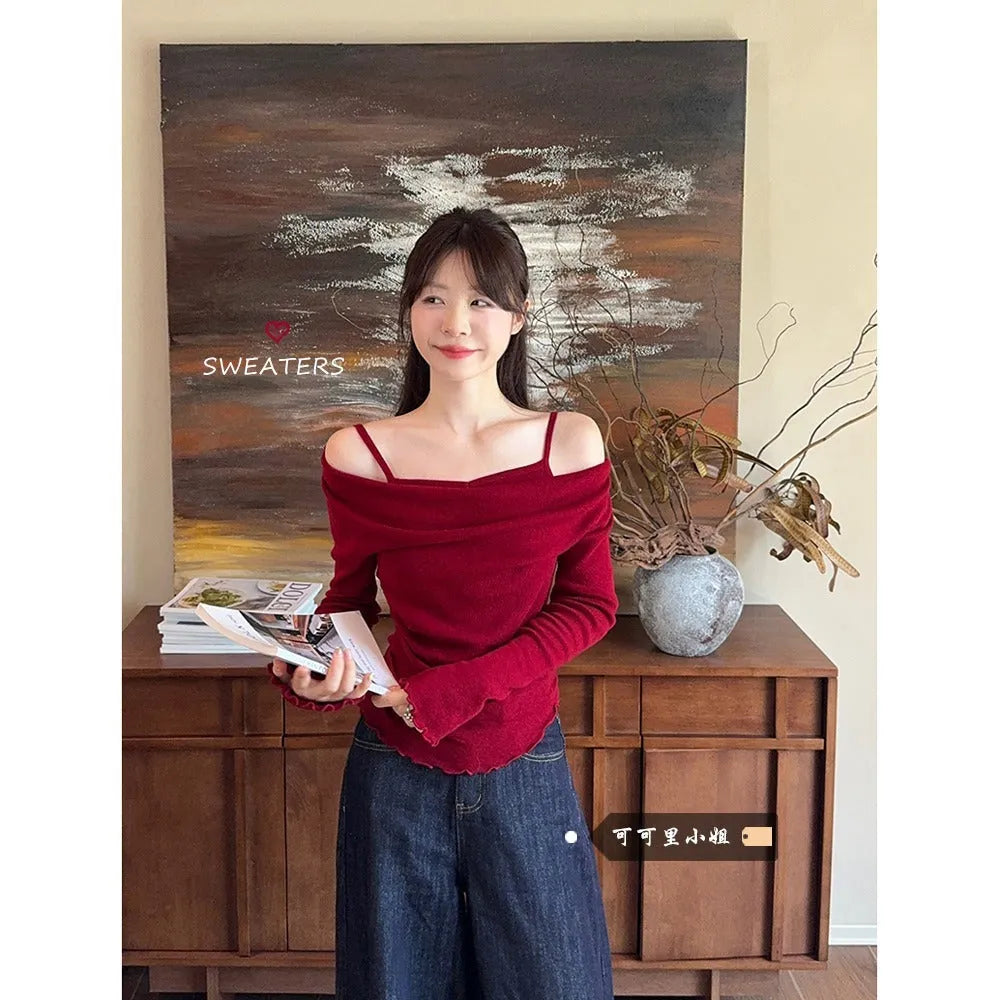 Fashion fake two-piece off-shoulder long sleeve top in polyester with patchwork and ruffles, available in multiple colours