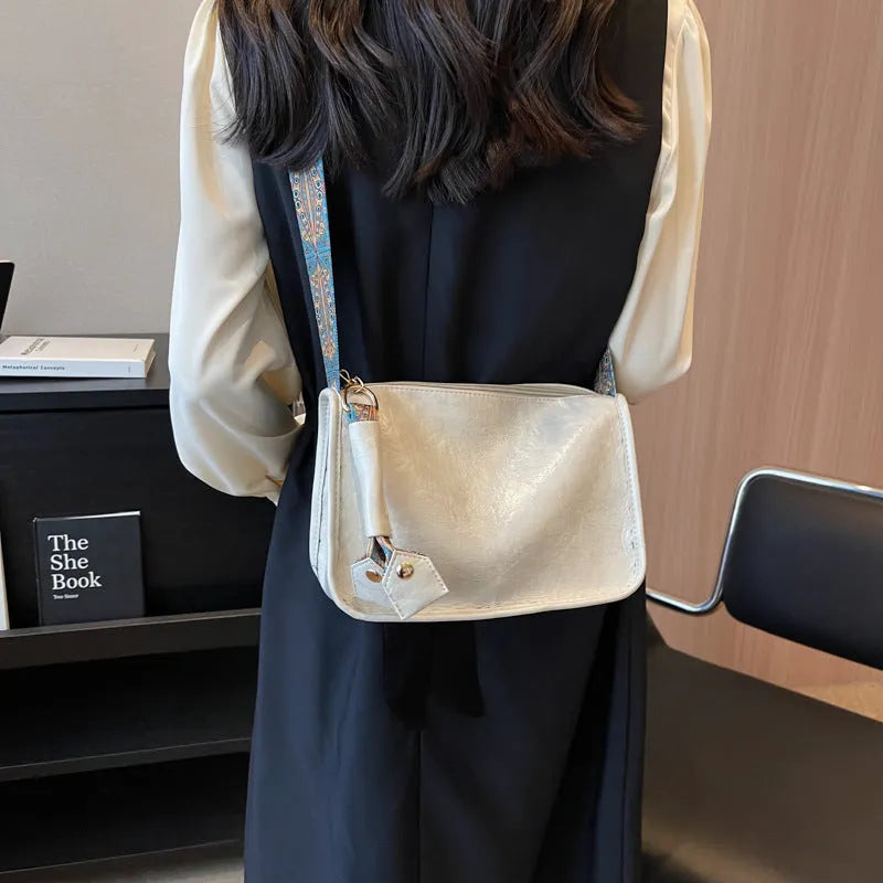 Casual single shoulder bag in solid colour, PU leather, wide strap, horizontal square shape, available in beige black coffee green brown