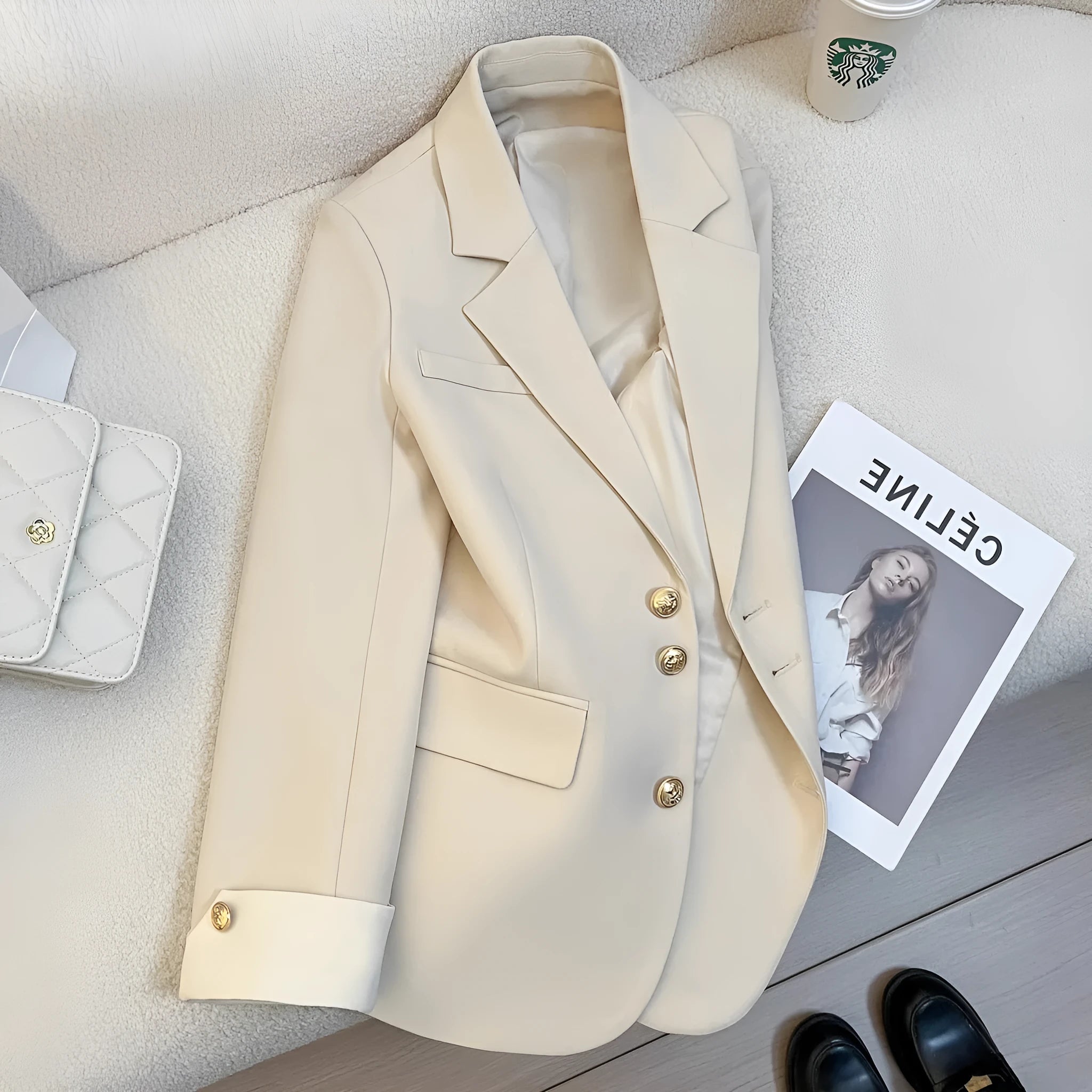 Korean style women's polyester coat in beige with pockets and loose fit design