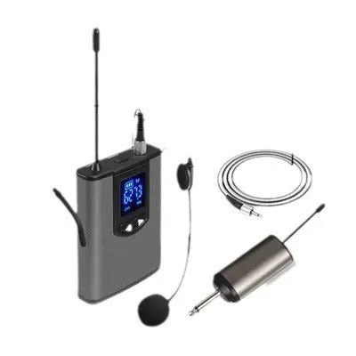 Silver head-mounted wireless microphone with headband and clip for hands-free speaking