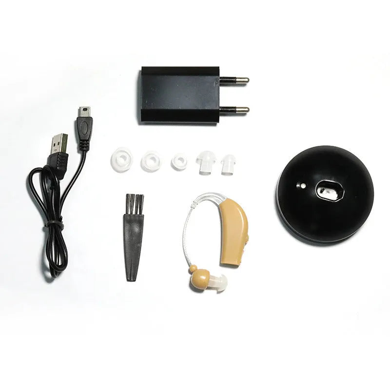 Black silicone rechargeable hearing aid amplifier with charging cable for elderly users