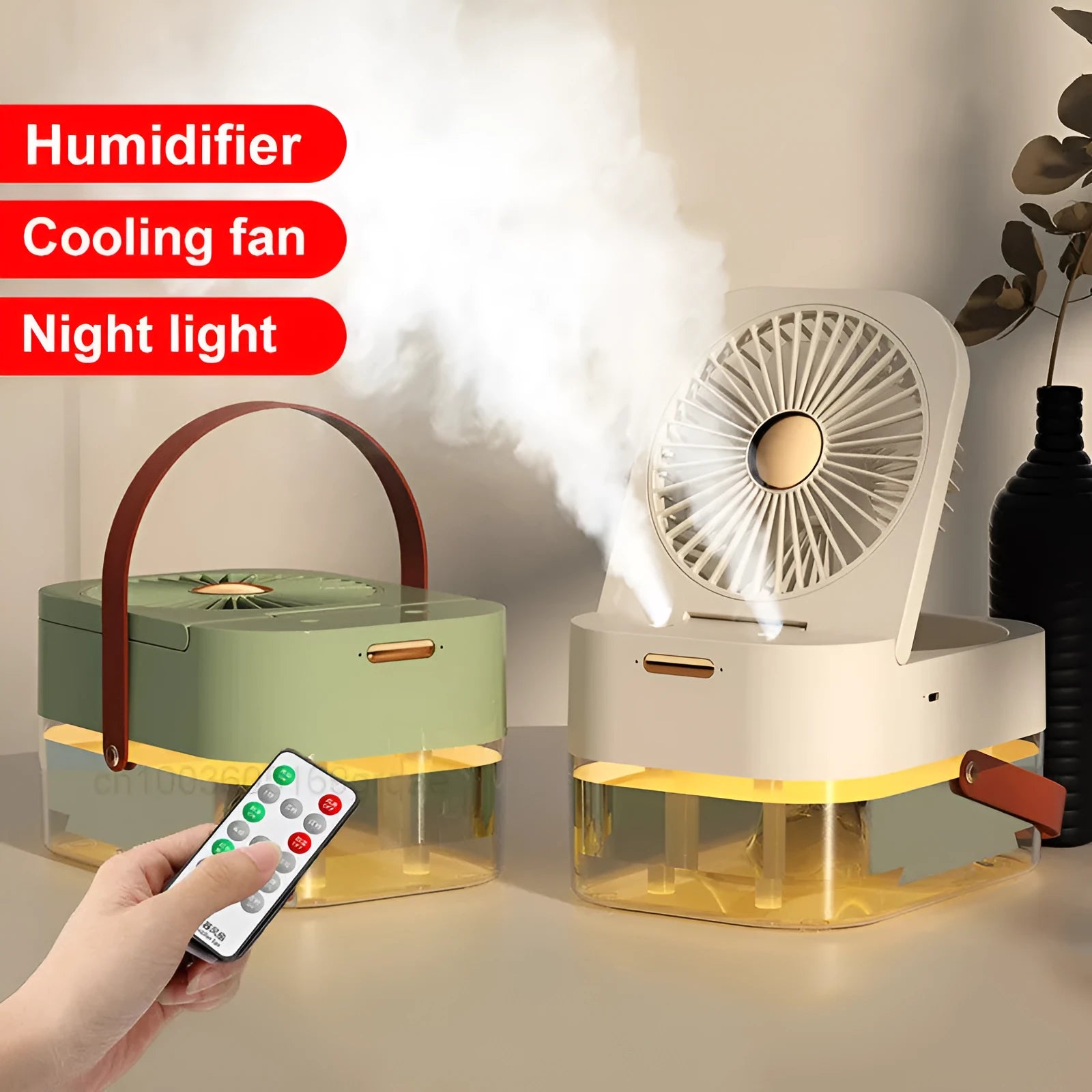 USB desktop humidifier spray fan with remote control in pearl white or forest green, showing 2.5L water tank and dual spray nozzles