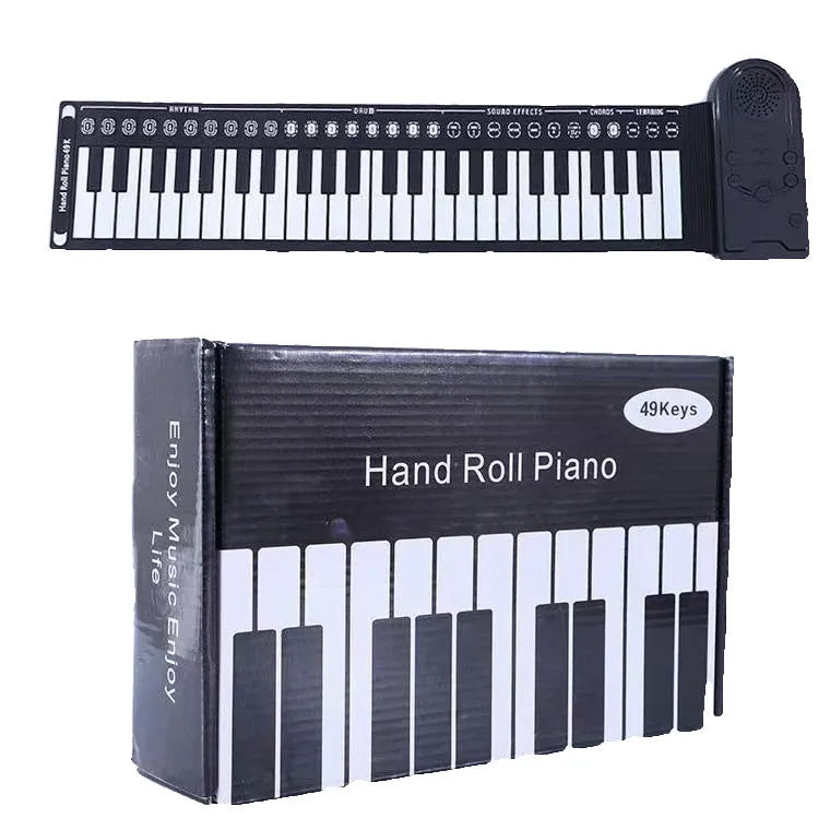 Rolled-up silicone keyboard next to its ABS control panel, packed inside a 28cm black carry case.
