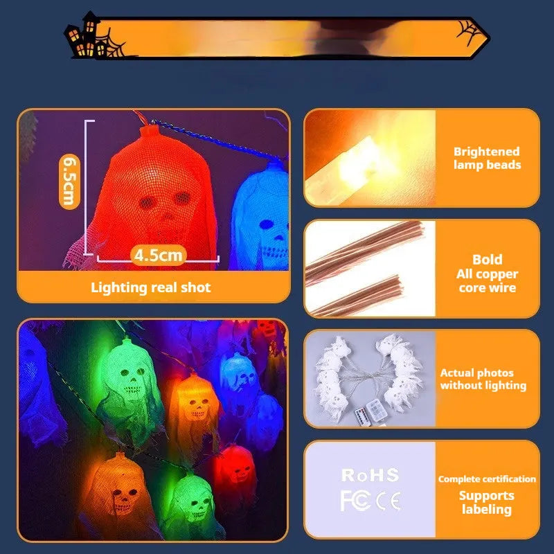 Halloween battery-operated LED string lights showing coloured and warm white options for indoor wall decoration