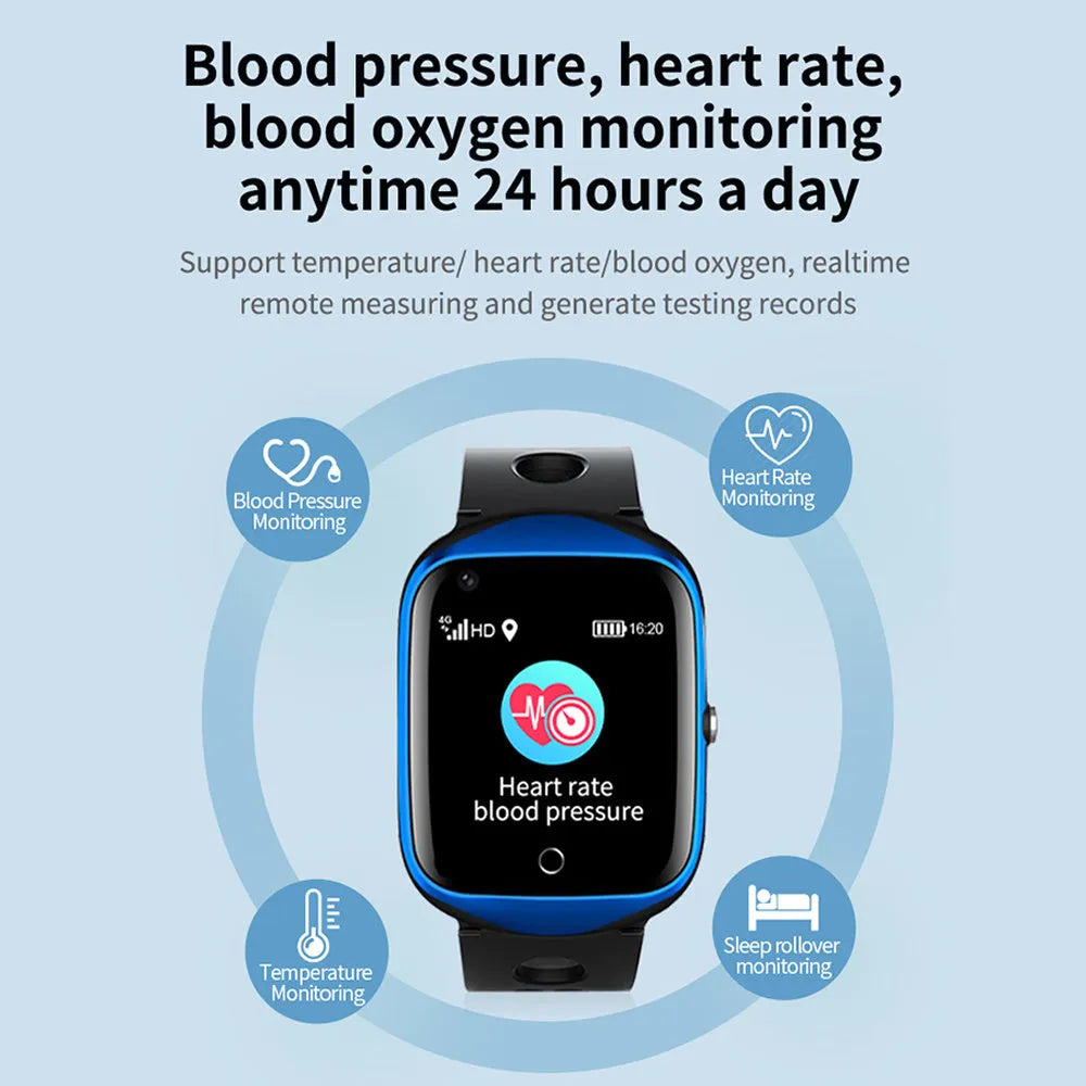 Square faced GPS smartwatch for elderly with black silicone strap on a wrist.