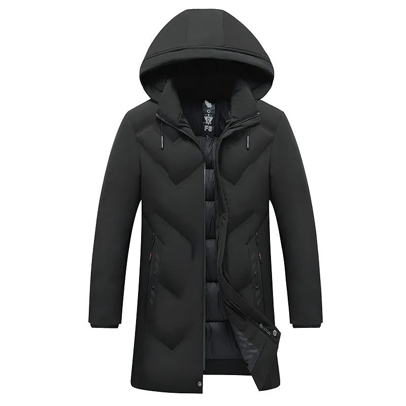 Thickened mid-length cotton-polyester men's jacket, loose fit, zipper pockets, black or gray
