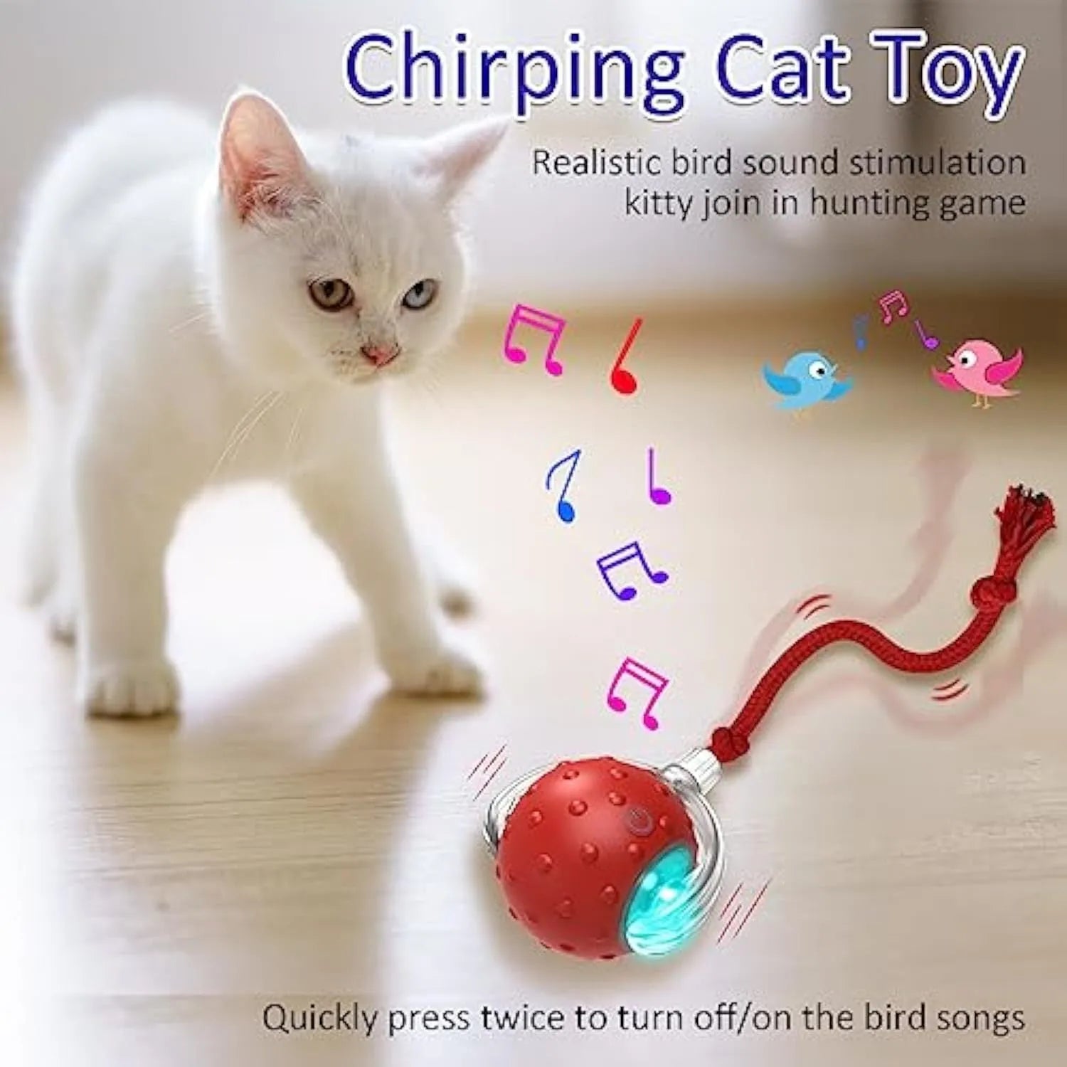 Red motion-activated chirping cat toy rolling fast on carpet with kitten chasing