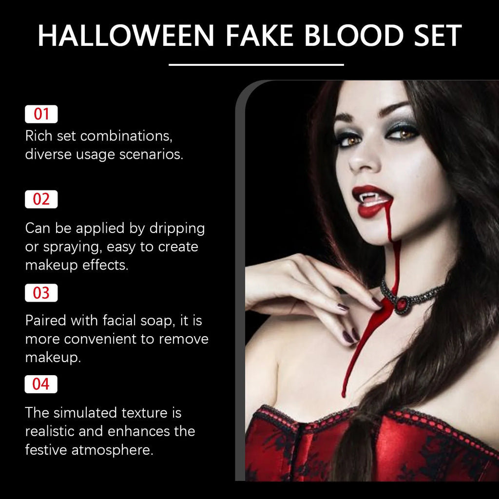 3-piece washable simulation fake blood set with plasma drops, spray, and facial soap for horror makeup effects