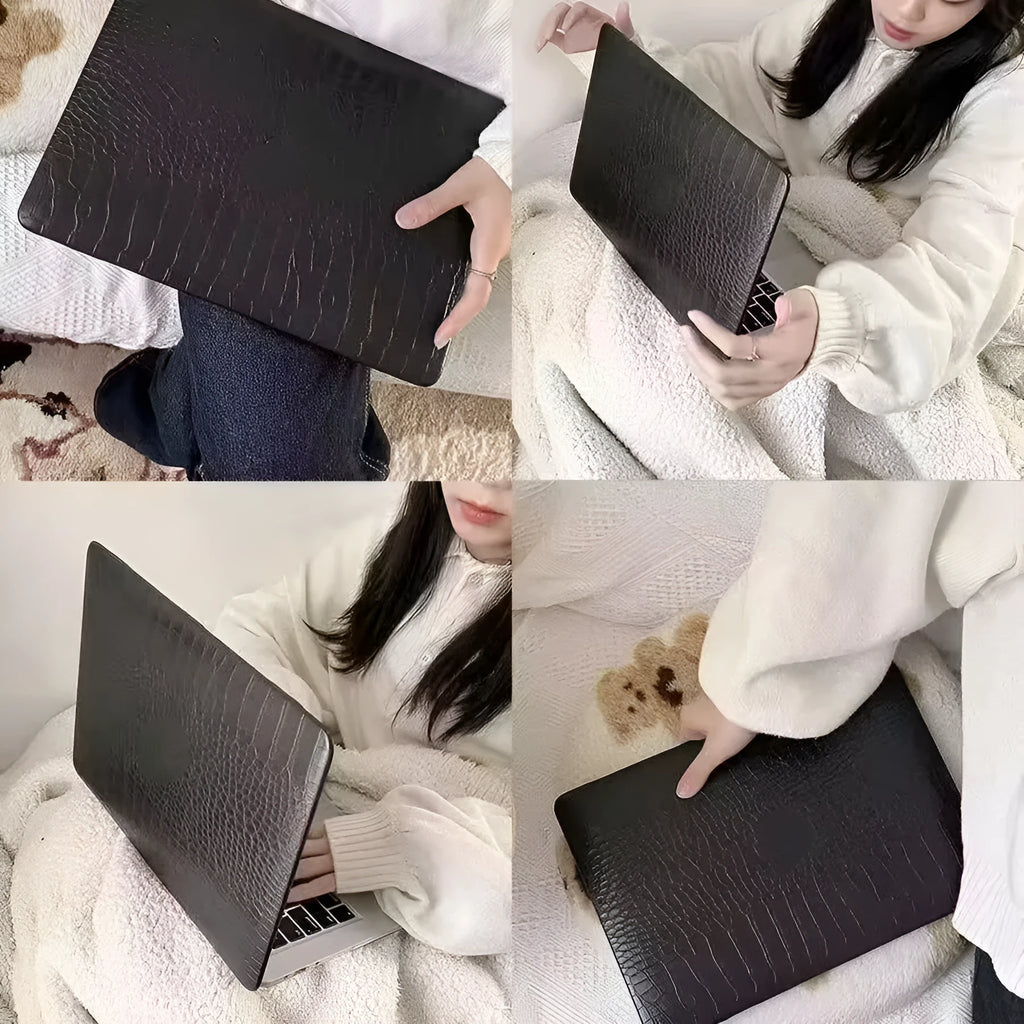 MacBook laptop protective case with leather pattern texture and hollowed-out Apple logo in black colour