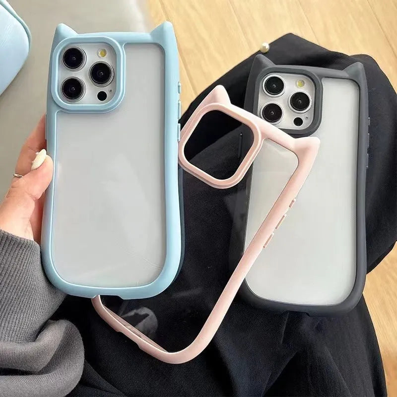 Black PC cat ears phone case for IPhone showing raised ear design and camera cutout