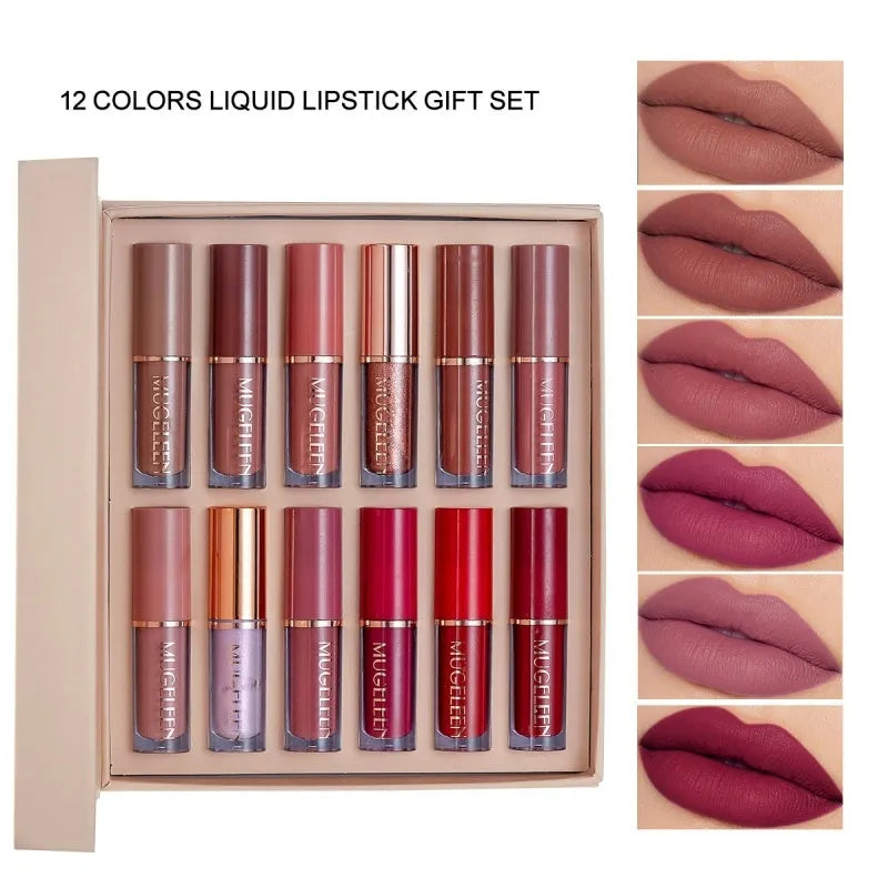 Matte shimmer lip glaze set with 12 colours featuring nonstick cup technology